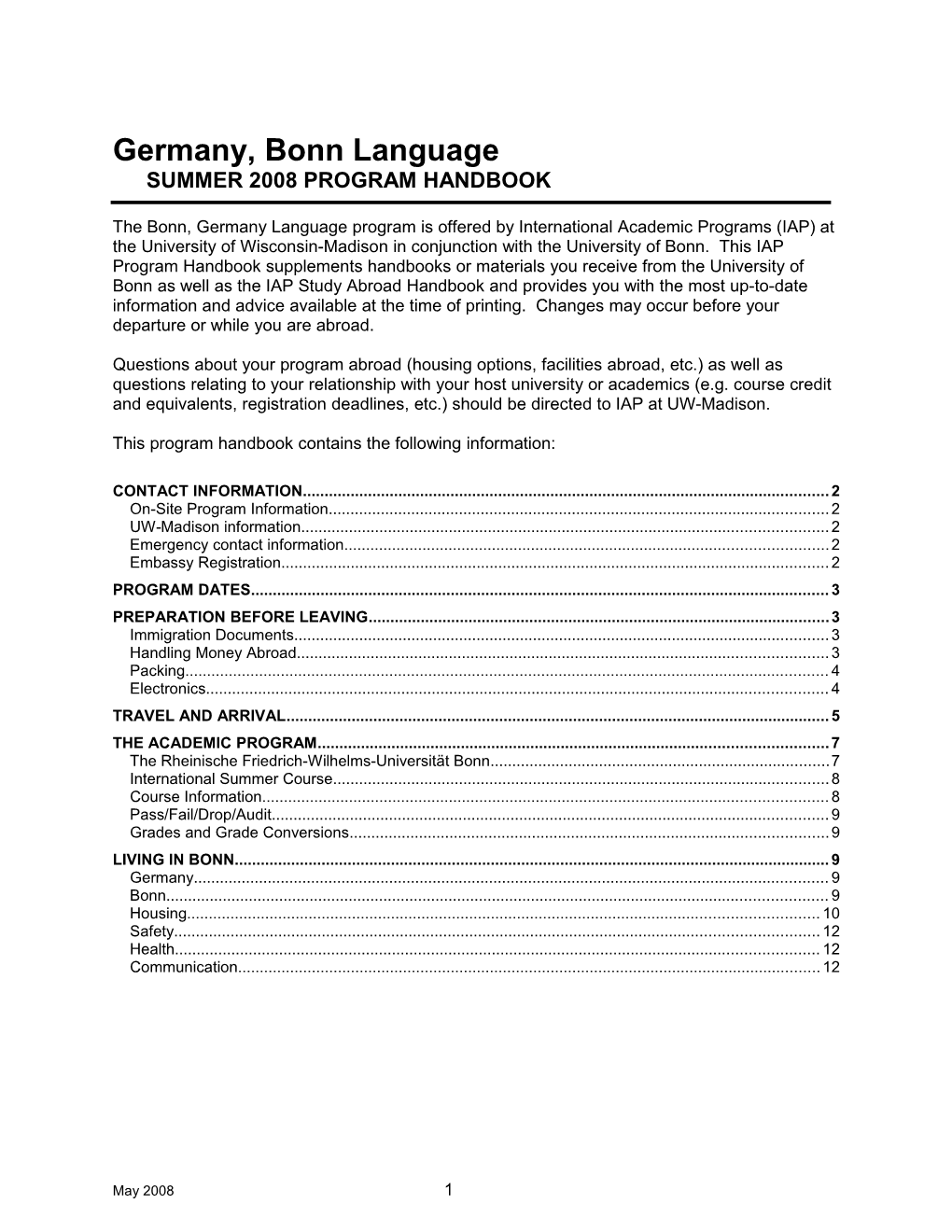 Germany, Bonn Languagesummer 2008 Program Handbook