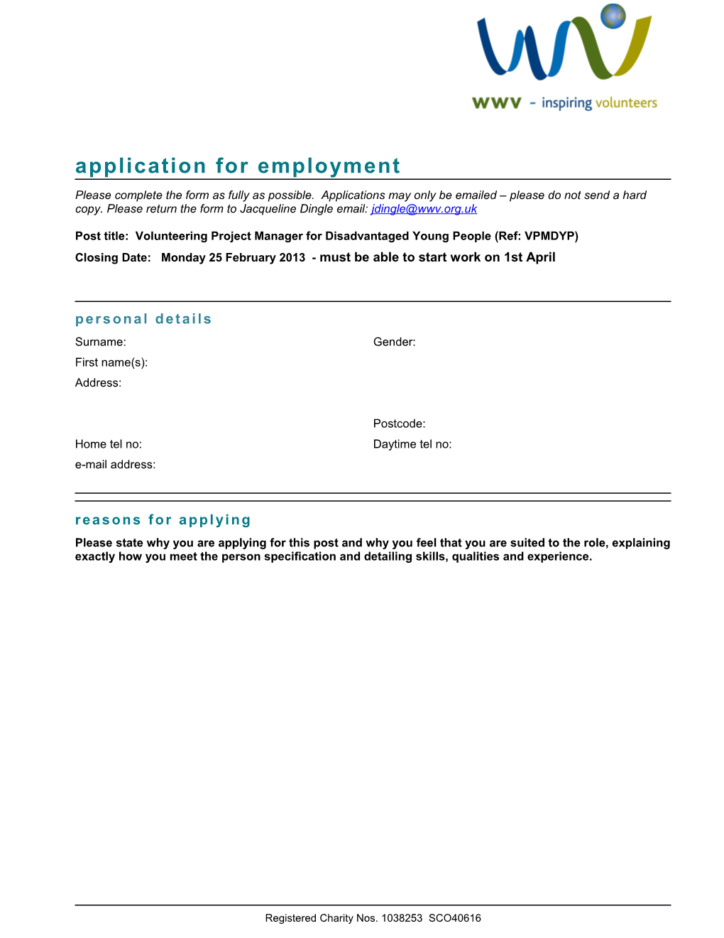 Post Title: Volunteering Project Manager for Disadvantaged Young People (Ref: VPMDYP)