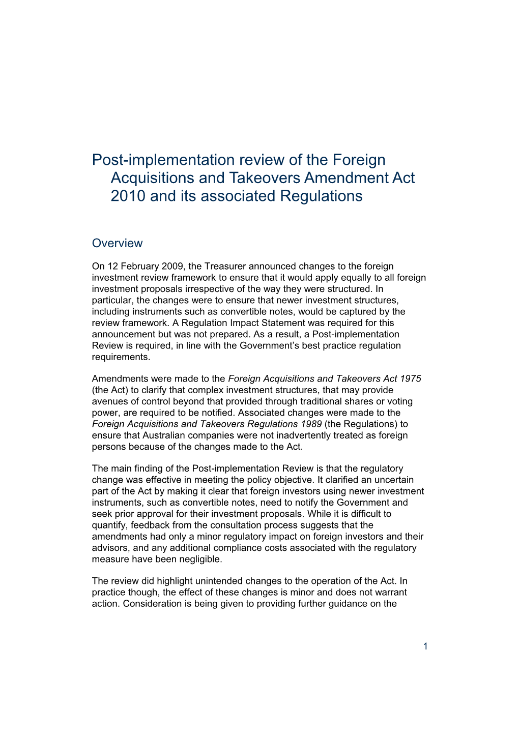 Post-Implementation Review of the Foreign Acquisitions and Takeovers Amendment Act 2012