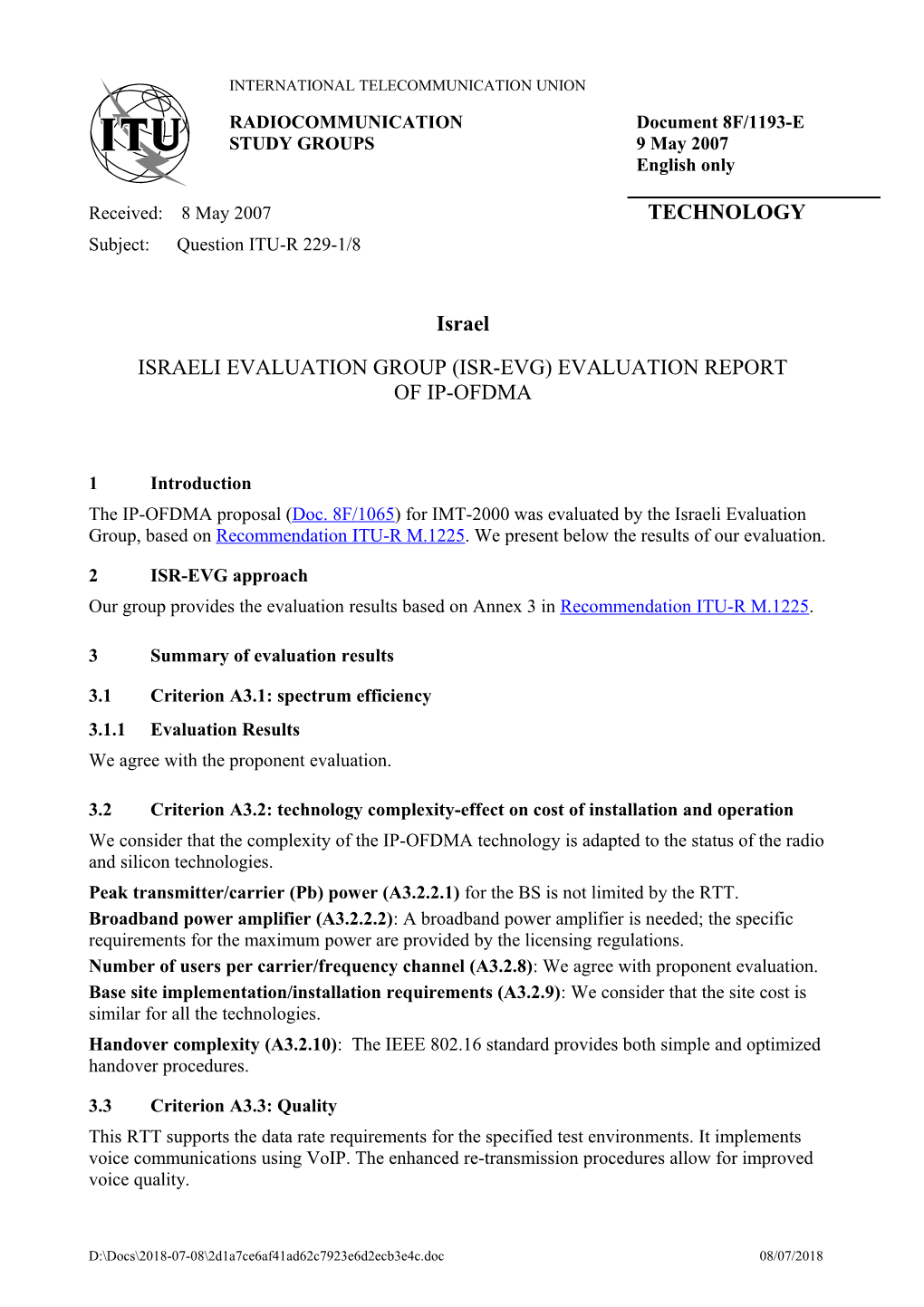 Subject: Question ITU-R 229-1/8