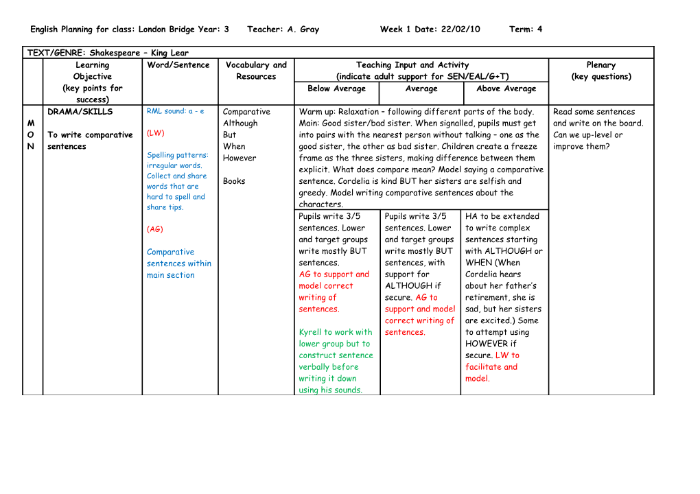 English Planning for Class