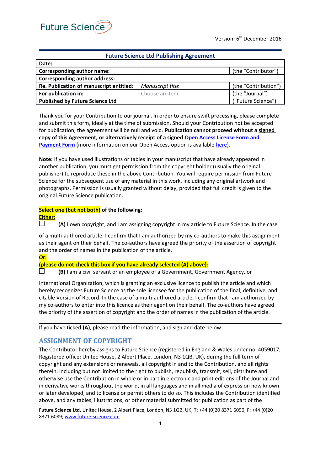 Future Science Ltd Publishing Agreement