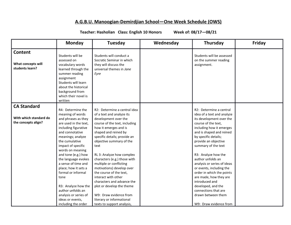 A.G.B.U. Manoogian-Demirdjian School One Week Schedule (OWS) s2