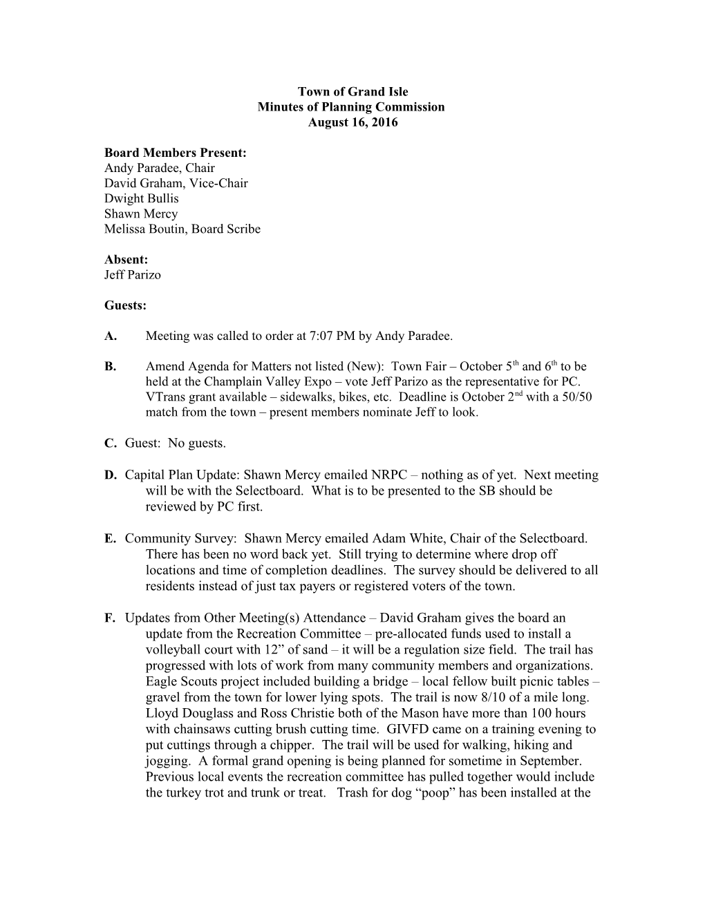 Minutes of Grand Isle Planning Commission November 18, 2014