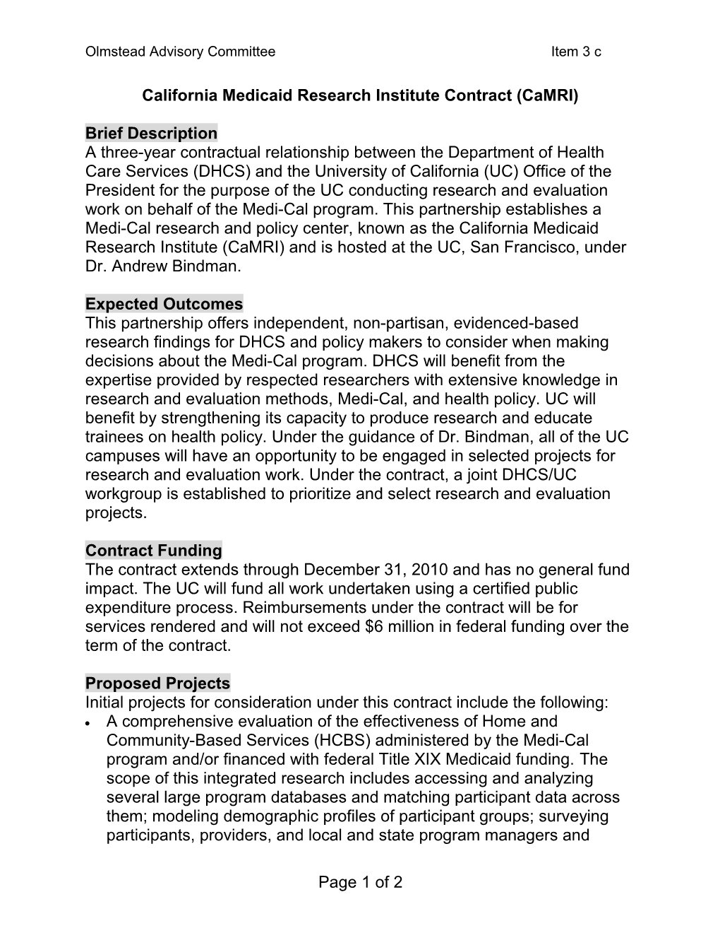 Brief Description: a Three-Year Contractual Relationship Between the Department of Health