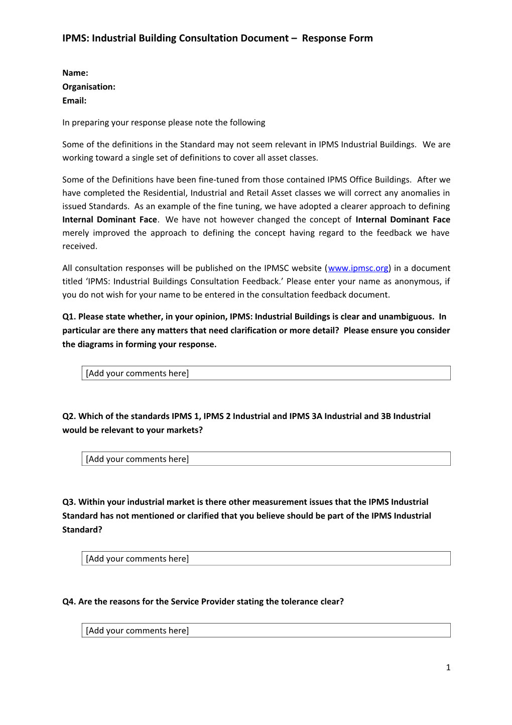 IPMS: Industrial Building Consultation Document Response Form