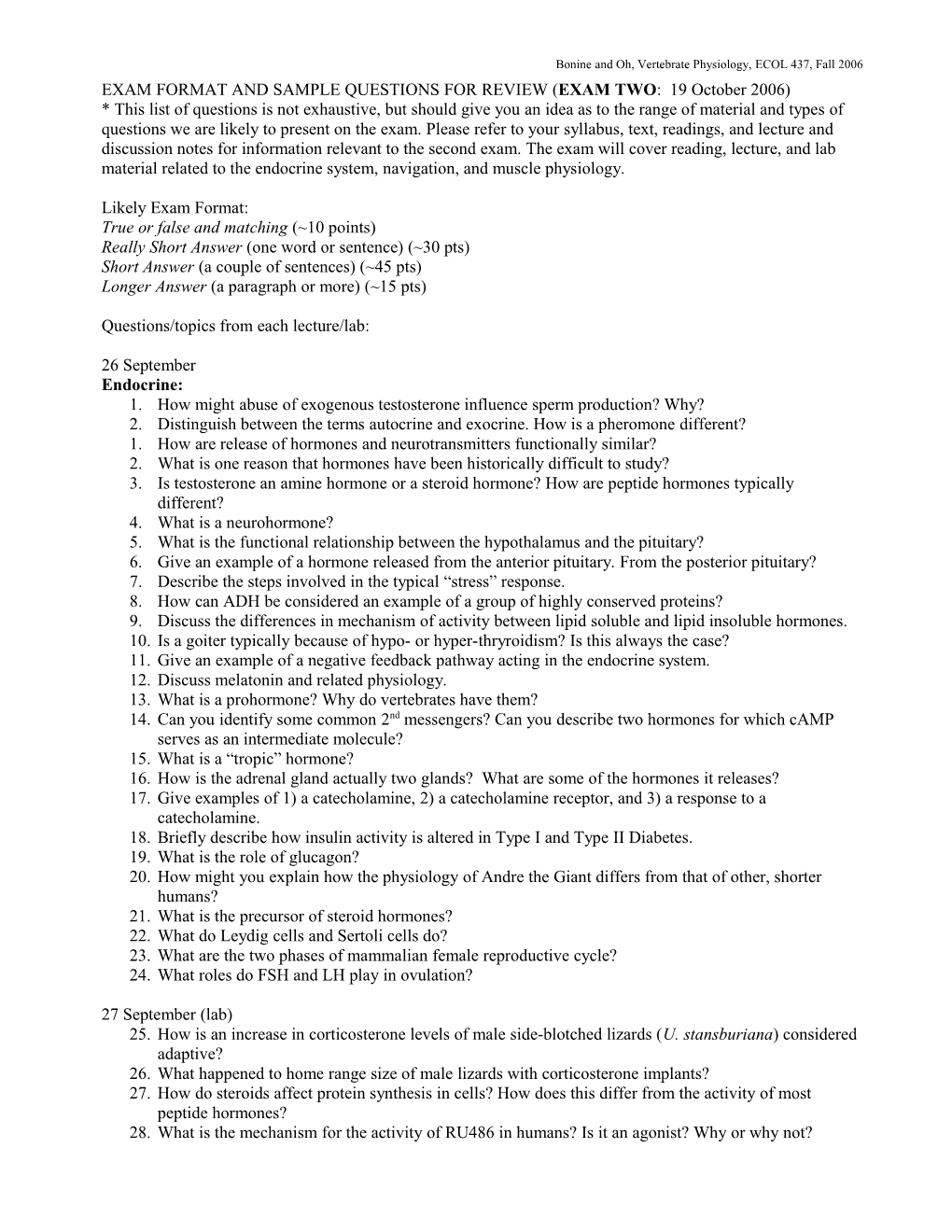 Bonine and Oh, Vertebrate Physiology, ECOL 437, Fall 2006