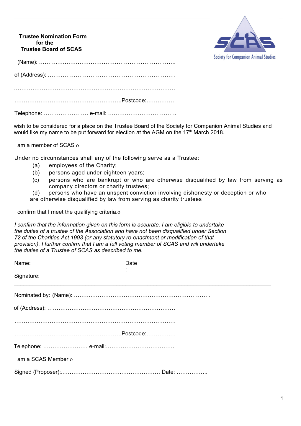 Nomination Form for the Management Committee of Myorganisation