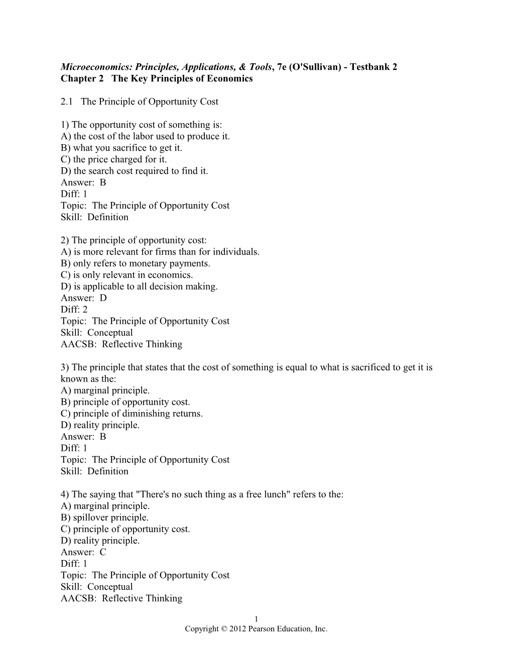 Microeconomics: Principles, Applications, & Tools, 7E (O'sullivan) - Testbank 2