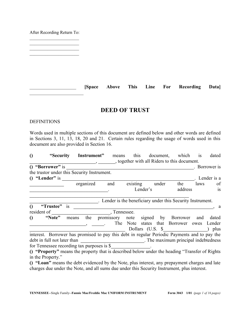 Tennessee Security Instrument (Form 3043): PDF