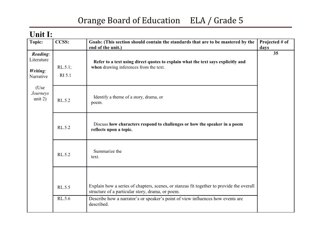 Orange Board of Education ELA / Grade 5