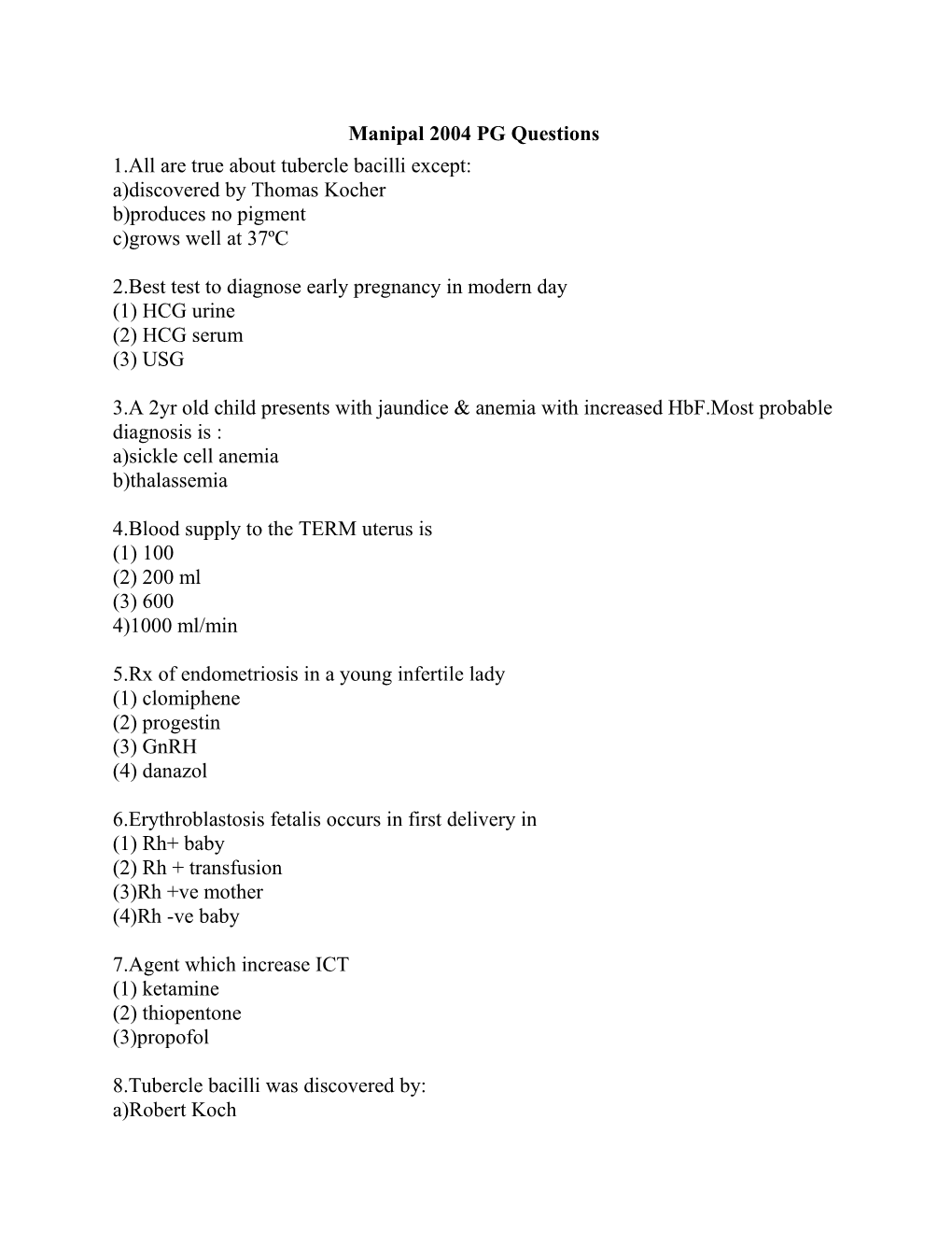 Manipal 2004 PG Questions