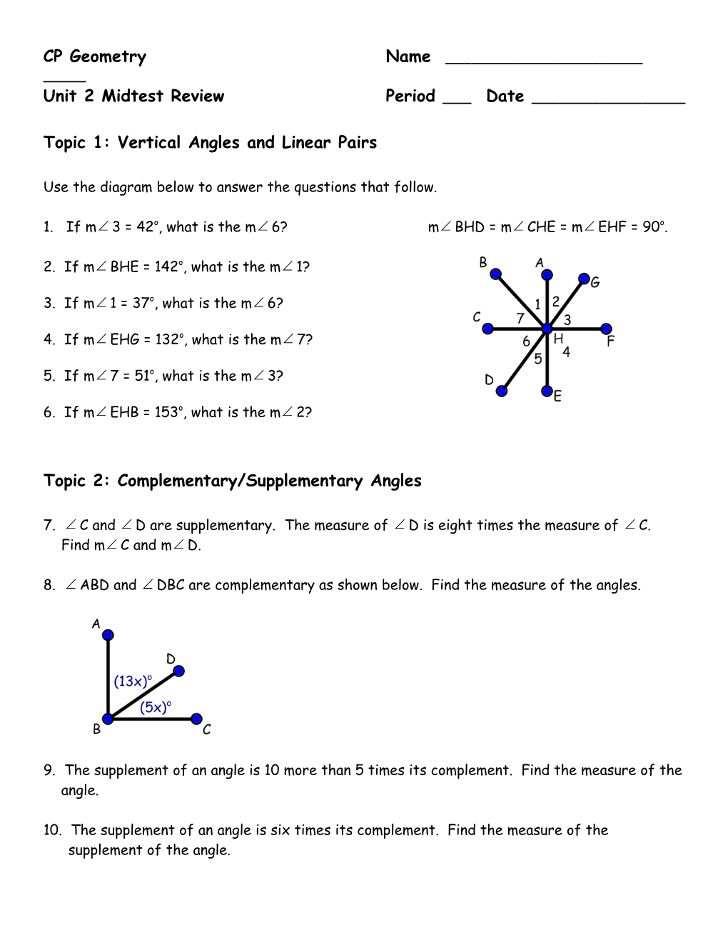 Topic 1: Vertical Angles and Linear Pairs
