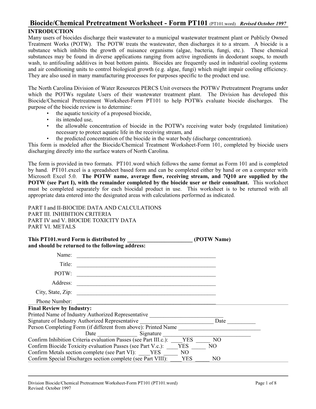 Biocide/Chemical Pretreatment Worksheet - Form PT101 (PT101.Word) Revised October 1997