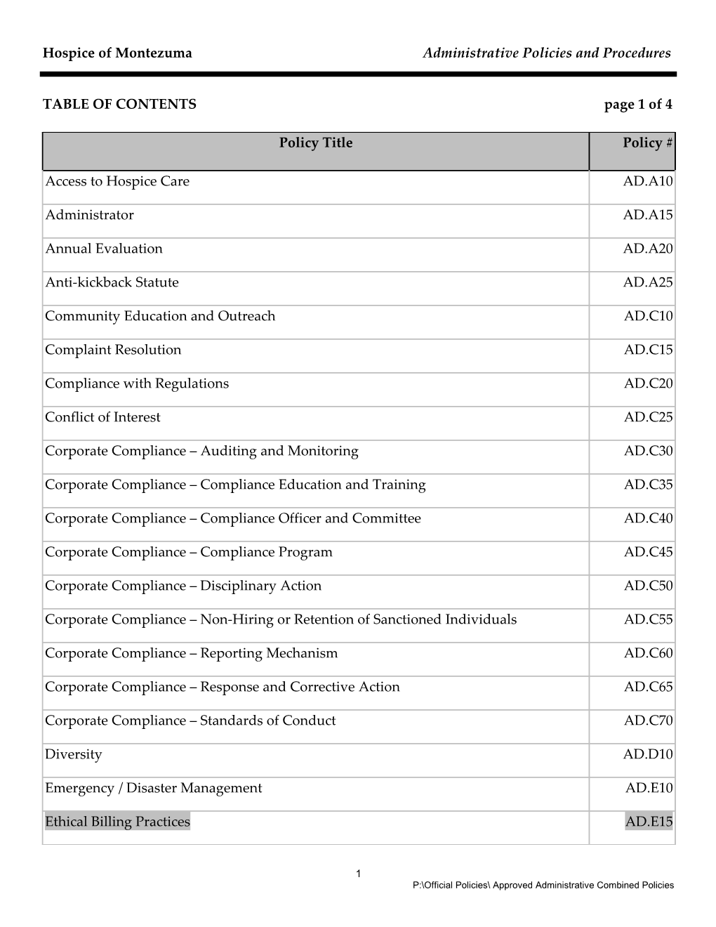 Hospice of Montezuma Administrative Policies and Procedures