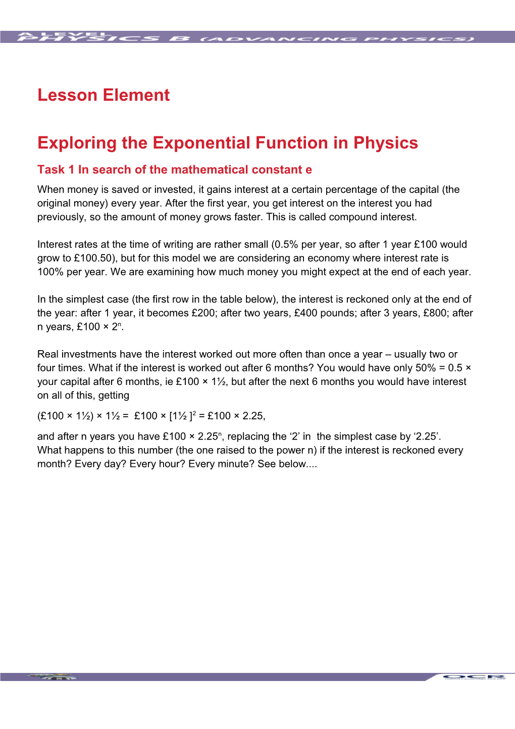 A Level Physics B Lesson Element Learner Activity (Exponential Function in Physics)