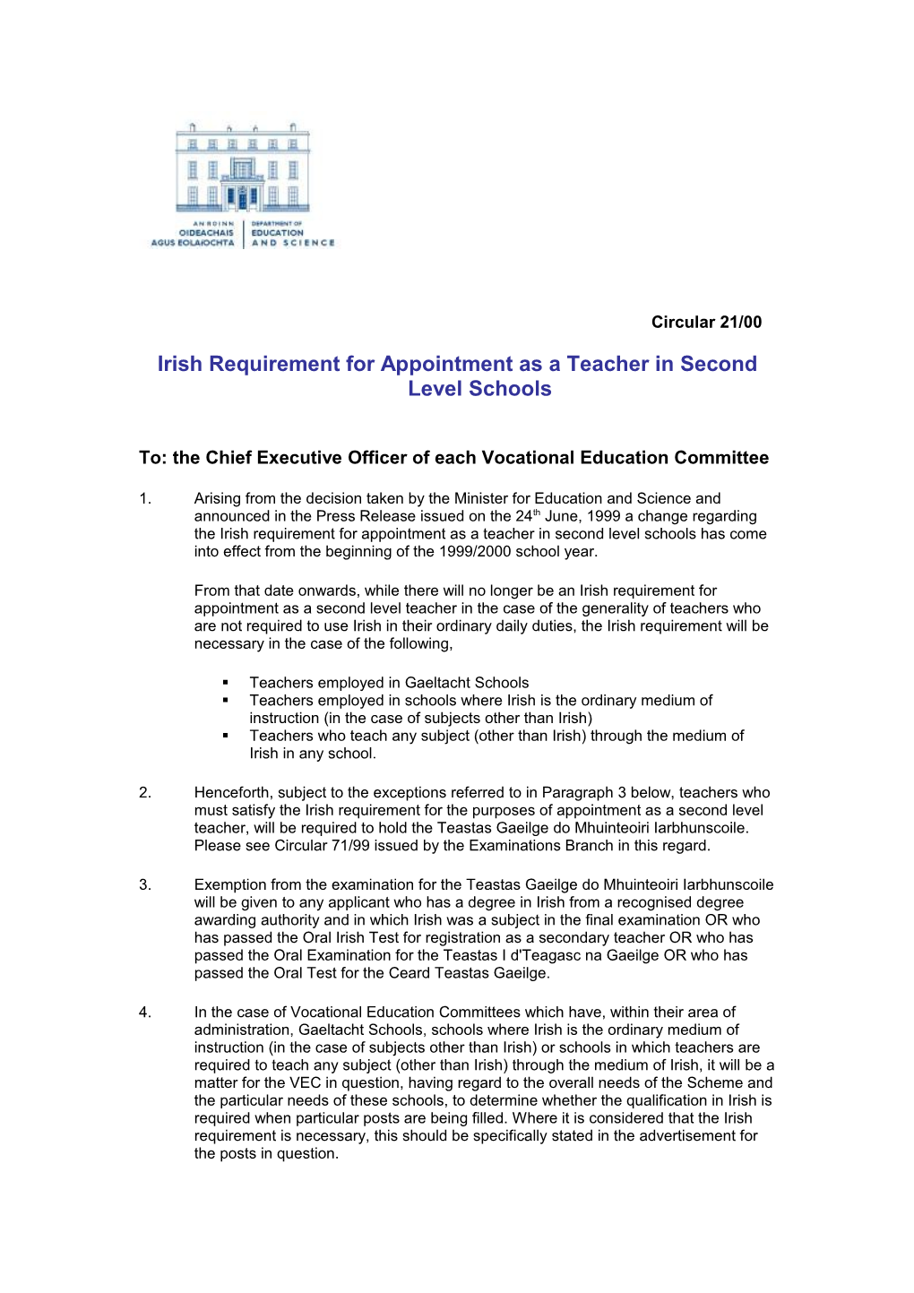 Circular 21/00 - Irish Requirement for Appointment As a Teacher in Second Level Schools