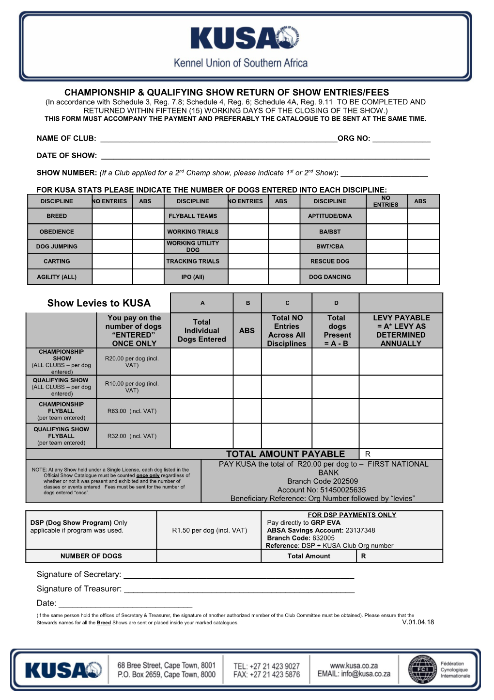 Championship & Qualifying Show Return of Show Entries/Fees