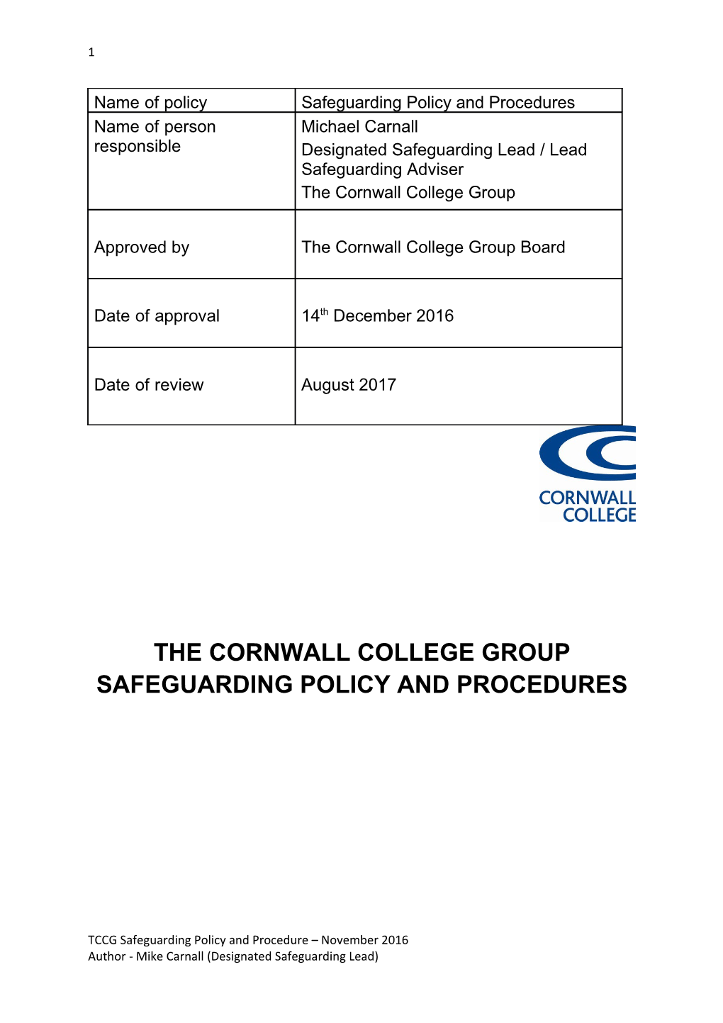 Cornwall College Safeguarding Policy and Procedure