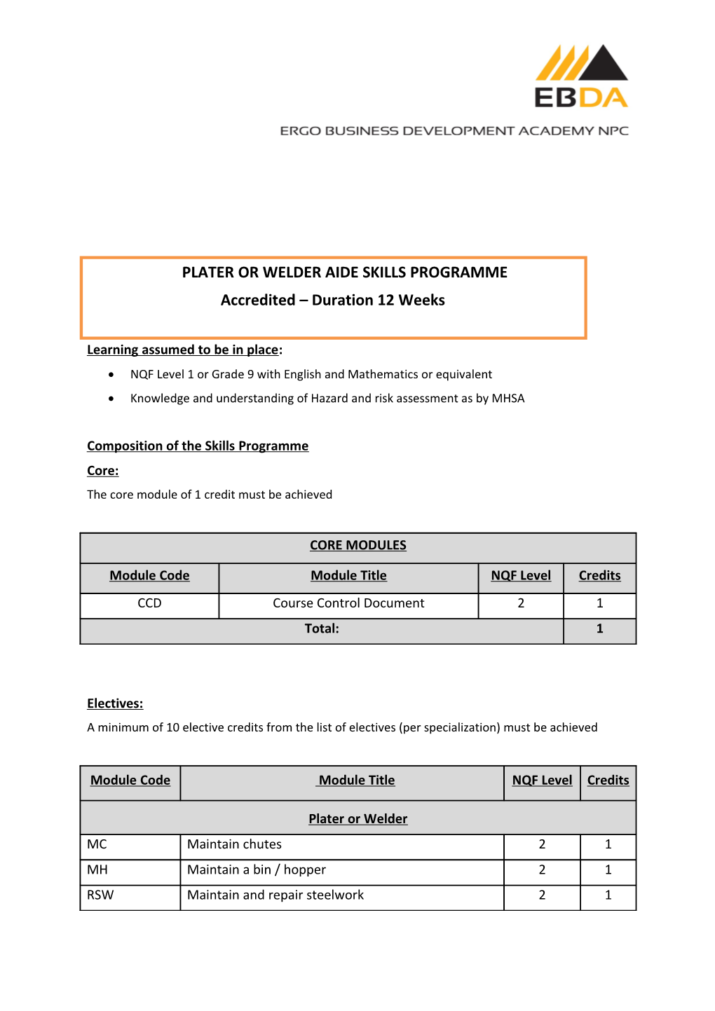 Plater Or Welder Aide Skills Programme