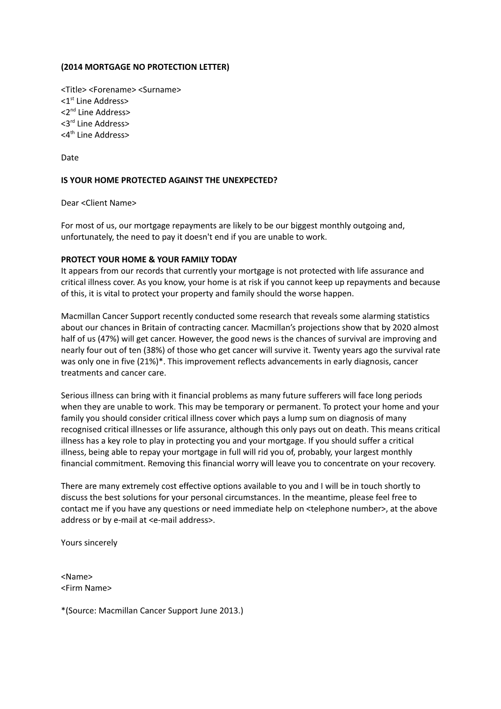 2014 Mortgage No Protection Letter
