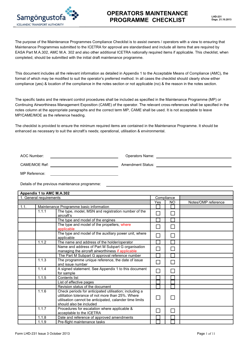 The Purpose of the Maintenance Programmes Compliance Checklist Is to Assist Owners / Operators