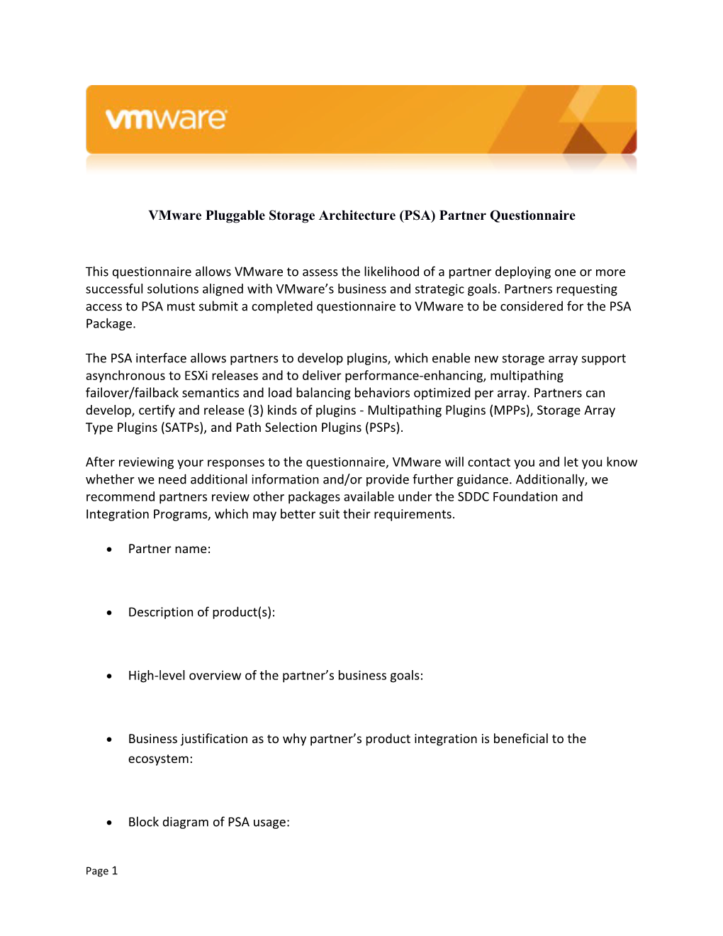 Vmware Pluggable Storage Architecture (PSA) Partner Questionnaire