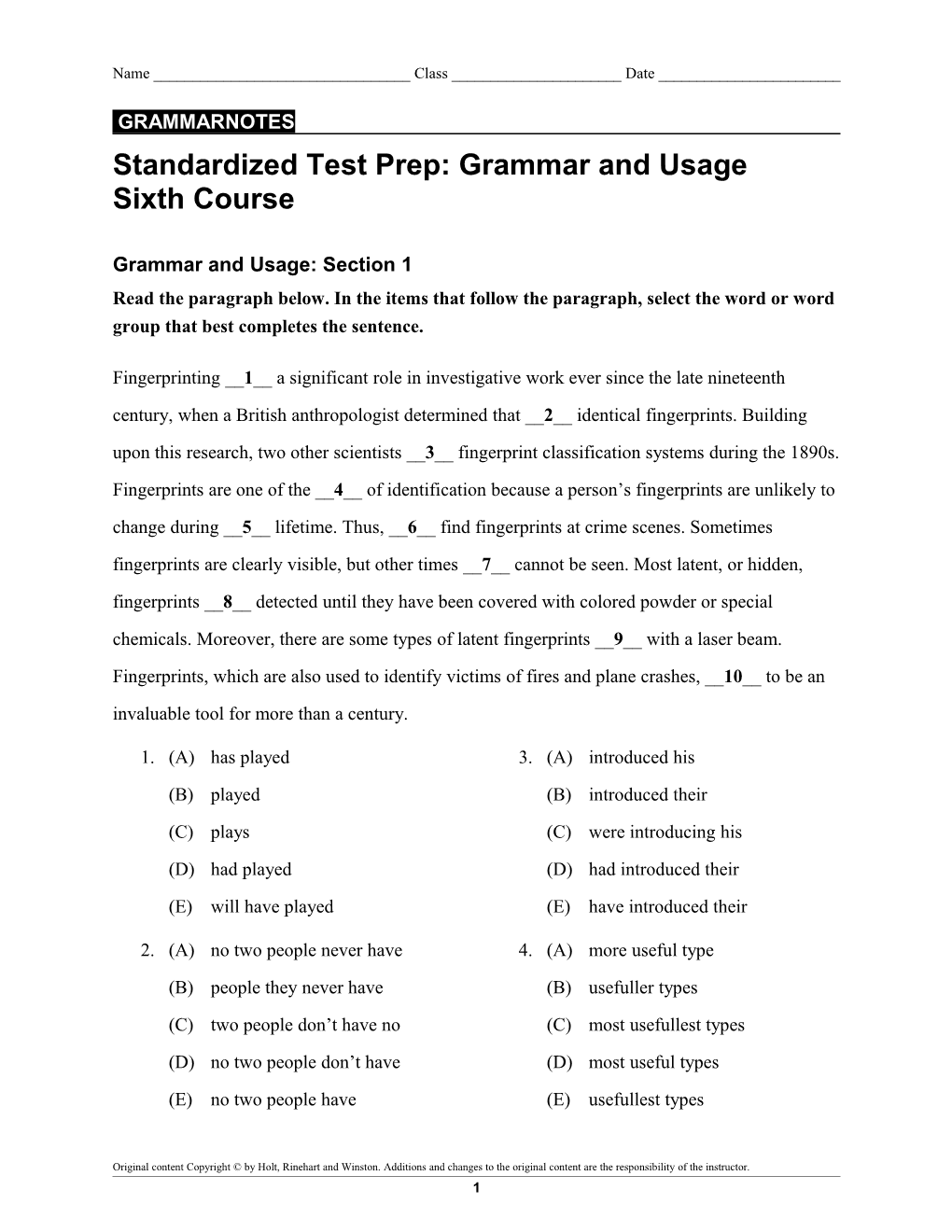 Grammar and Usage: Section 1