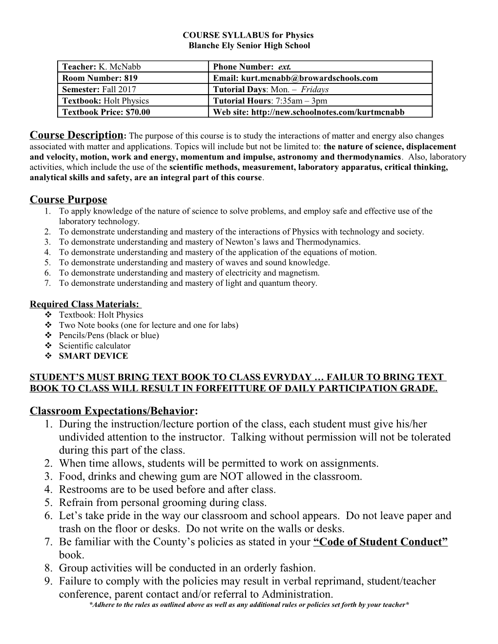 COURSE SYLLABUS for Physics