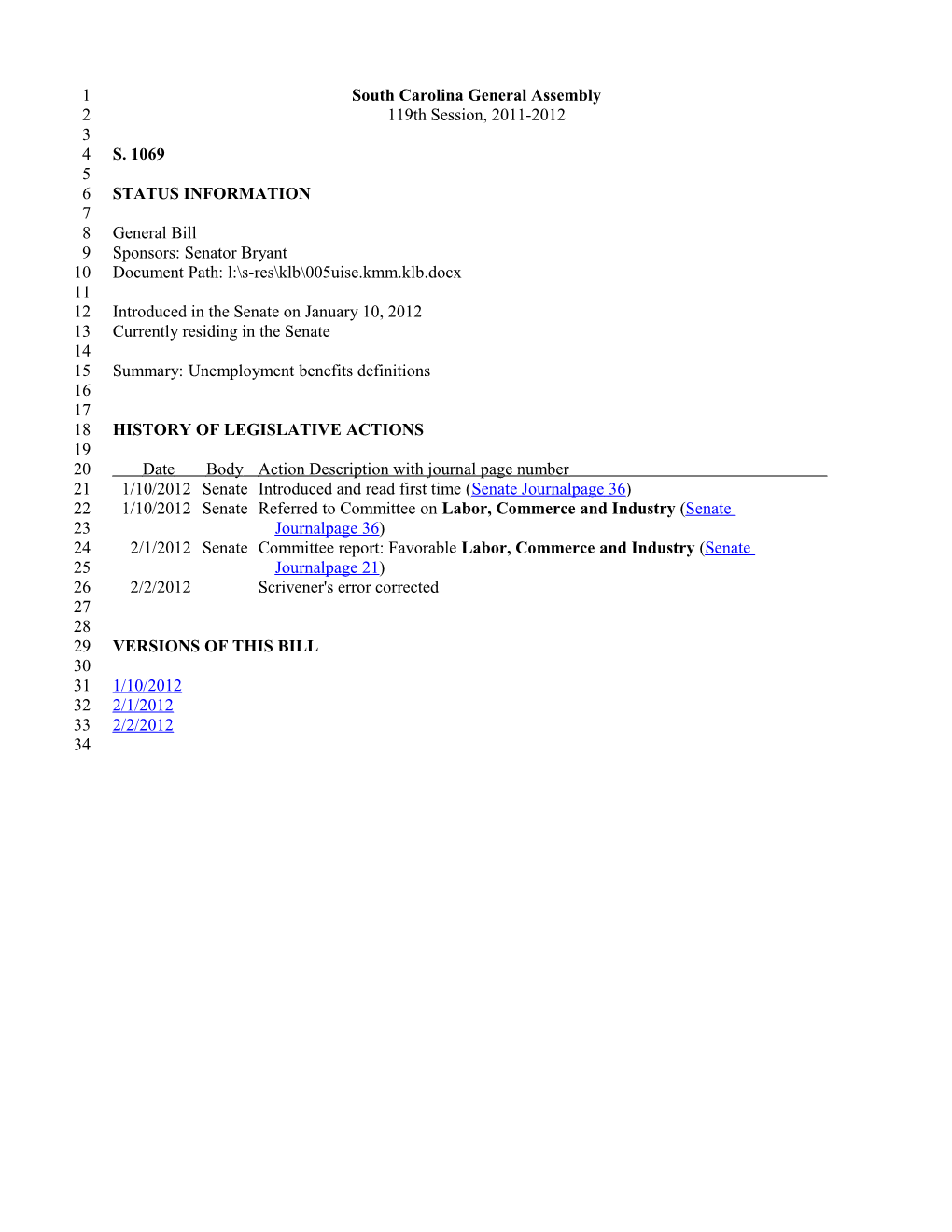 2011-2012 Bill 1069: Unemployment Benefits Definitions - South Carolina Legislature Online