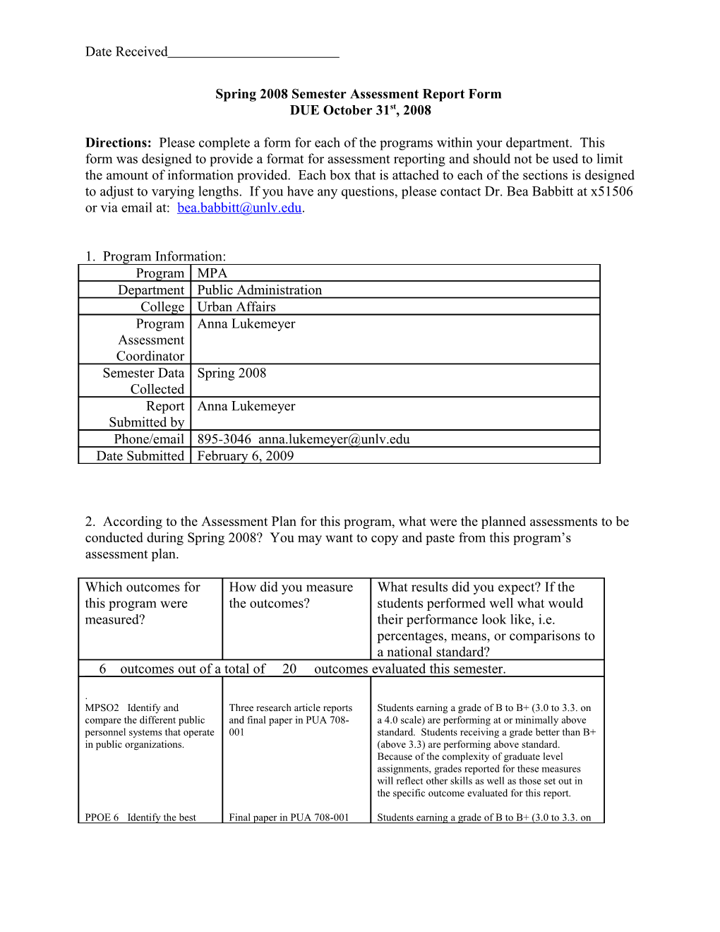 Annual Assessment Report Form for Student Learning Outcomes Assessment