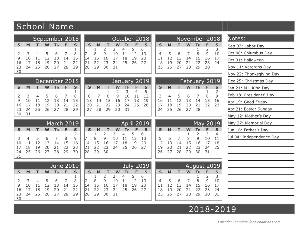 2018-2019 School Calendar - Calendarlabs.Com