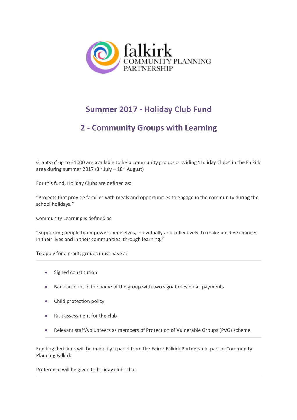 Summer 2017 - Holiday Club Fund