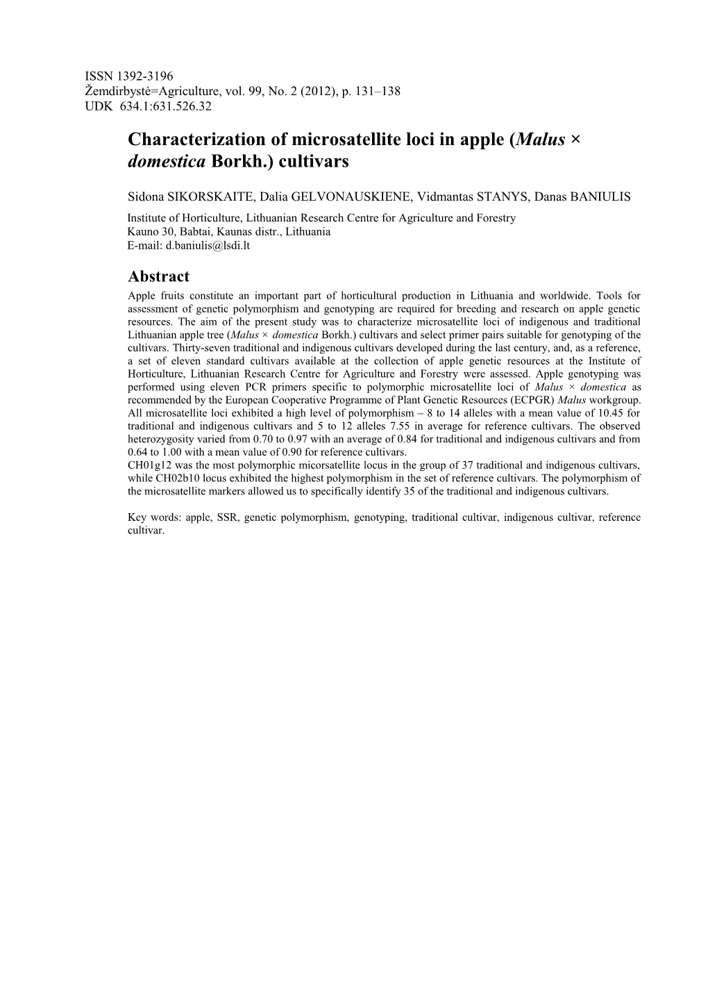 Characterization of Microsatellite Loci in Apple (Malus Domestica Borkh.) Cultivars