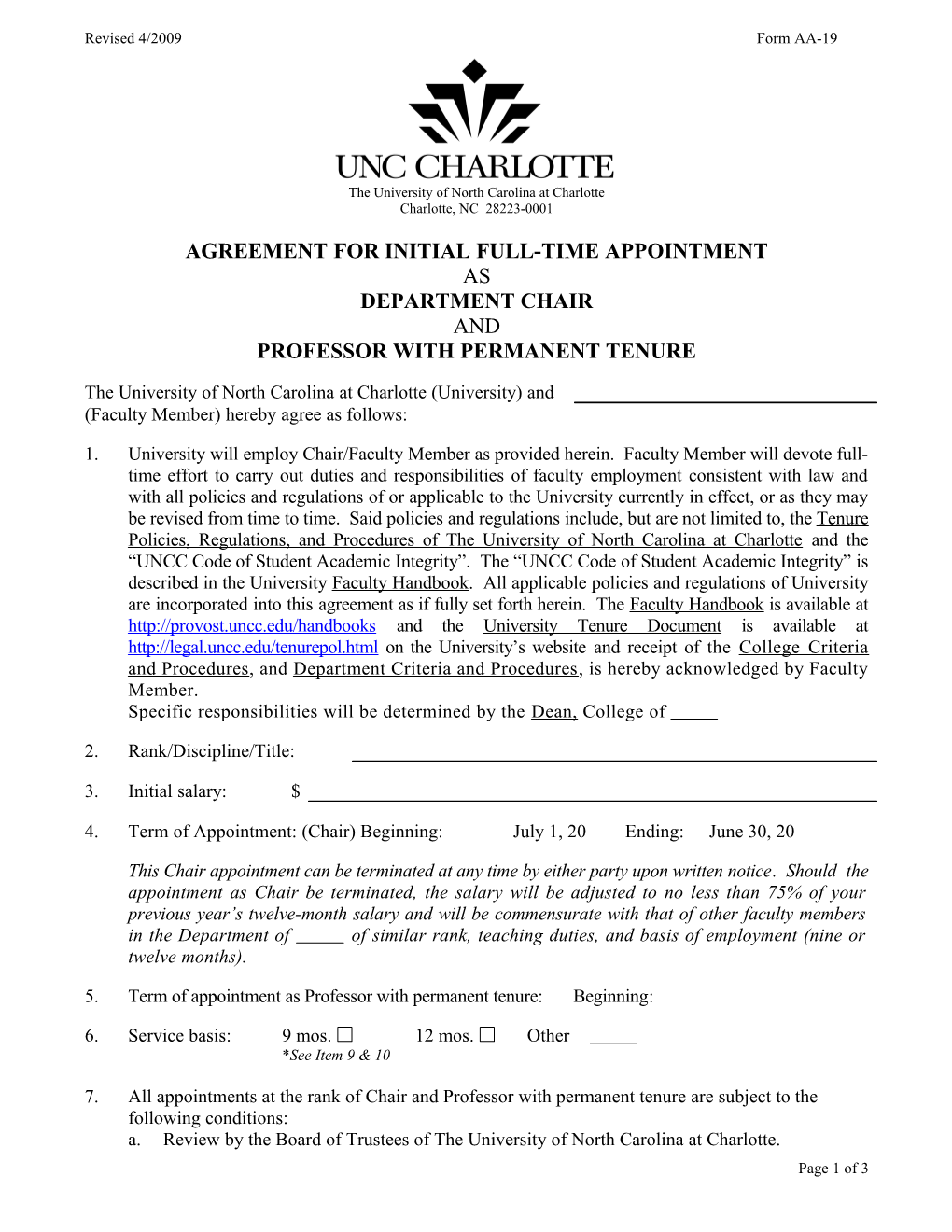 Agreement for Initial Full-Time Appointment As Department Chair and Professor with Permanent