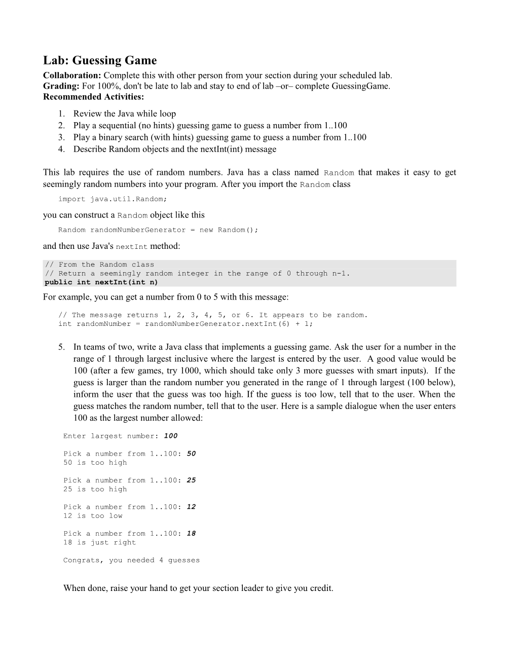 Lab: Guessing Game