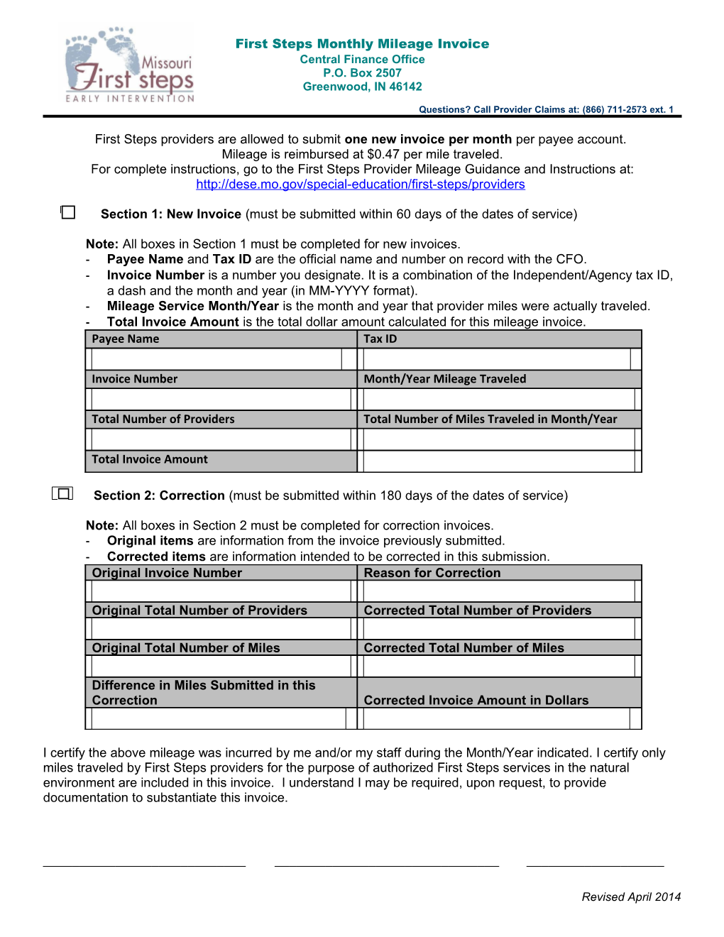 First Steps Monthly Mileage Invoice