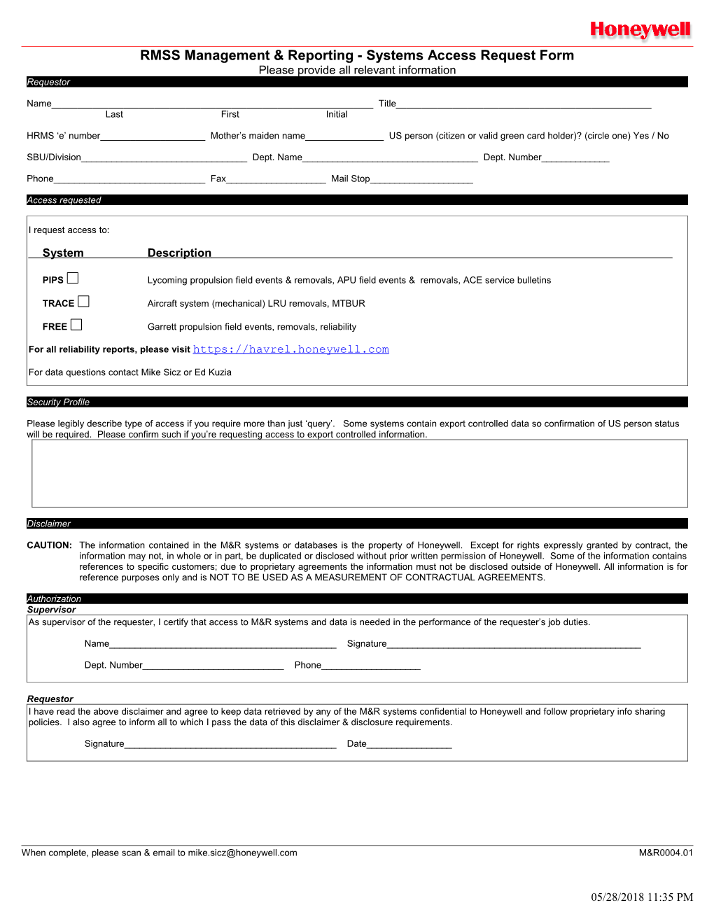 RMSS Management & Reporting - Systems Access Request Form