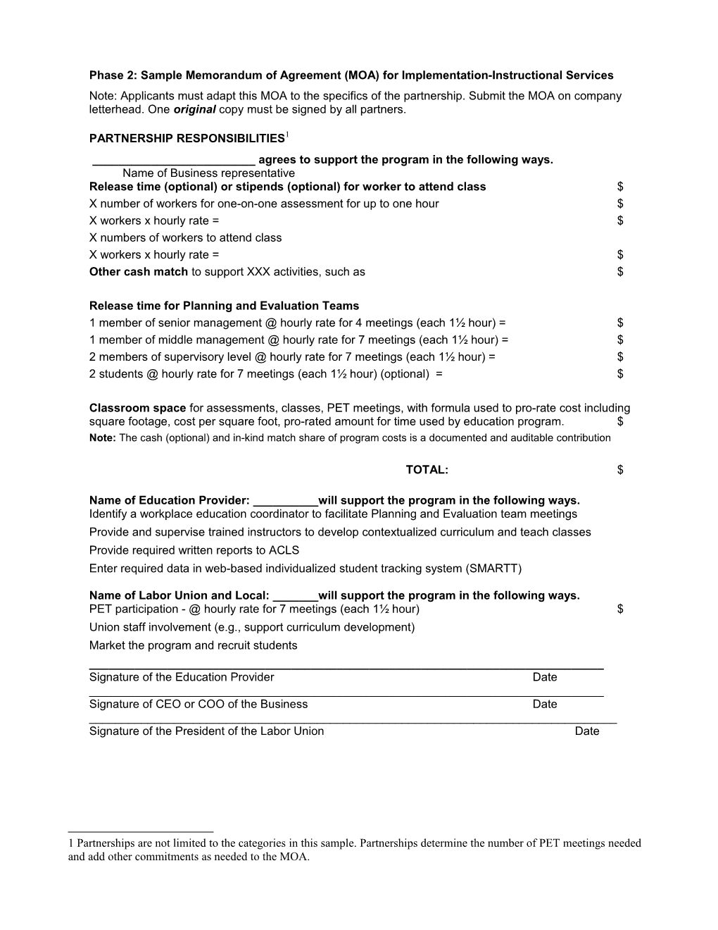 FY19 FC 494 538 Workplace Education Planning Grant Memo of Understanding Phase II