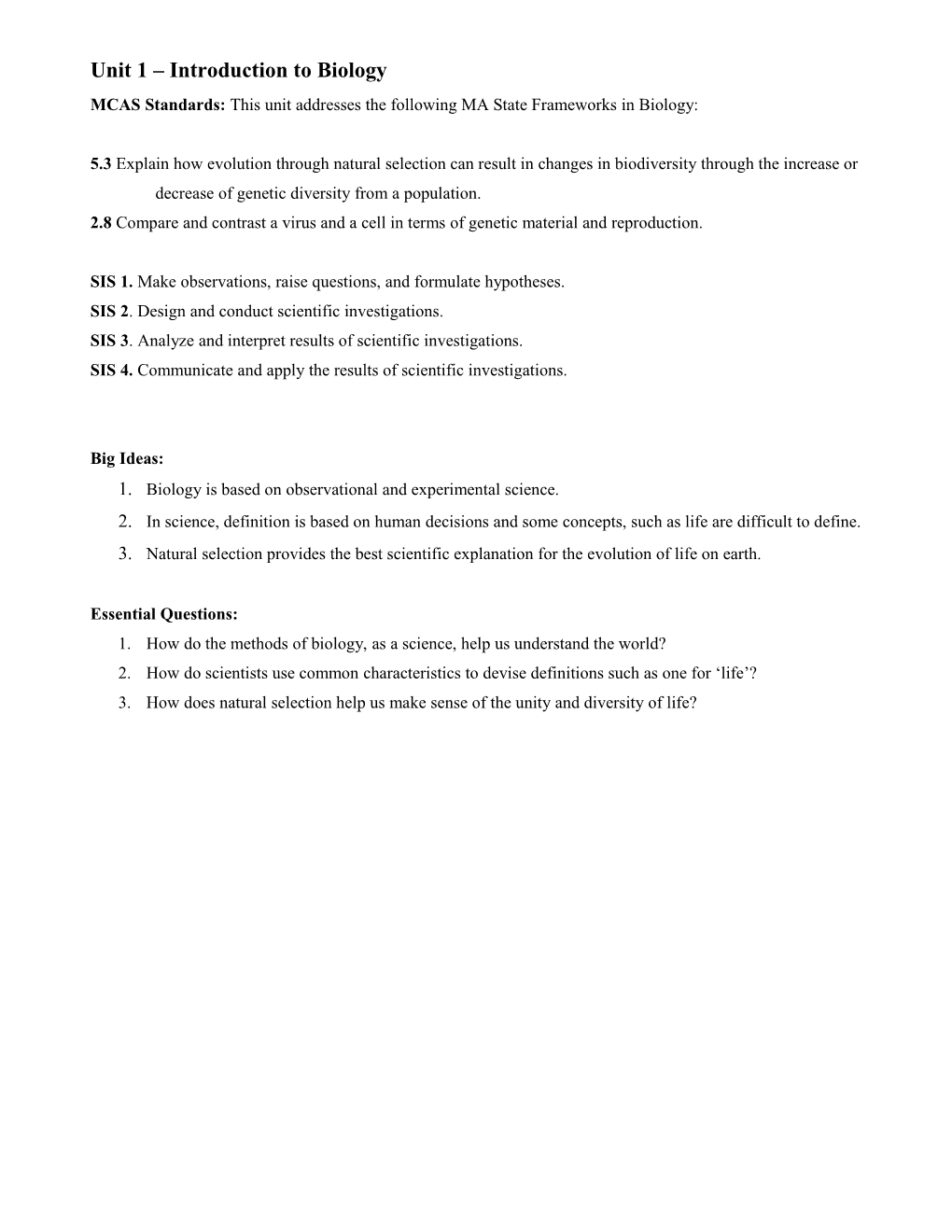 Unit 1 Introduction to Biology