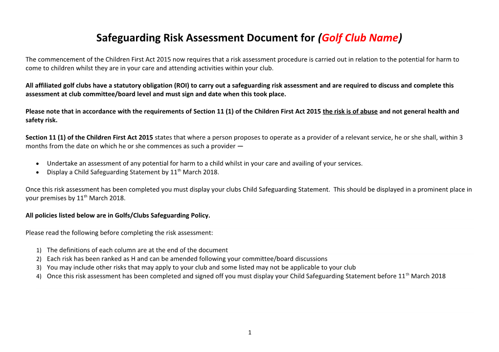 Safeguarding Risk Assessmentdocument for (Golf Club Name)