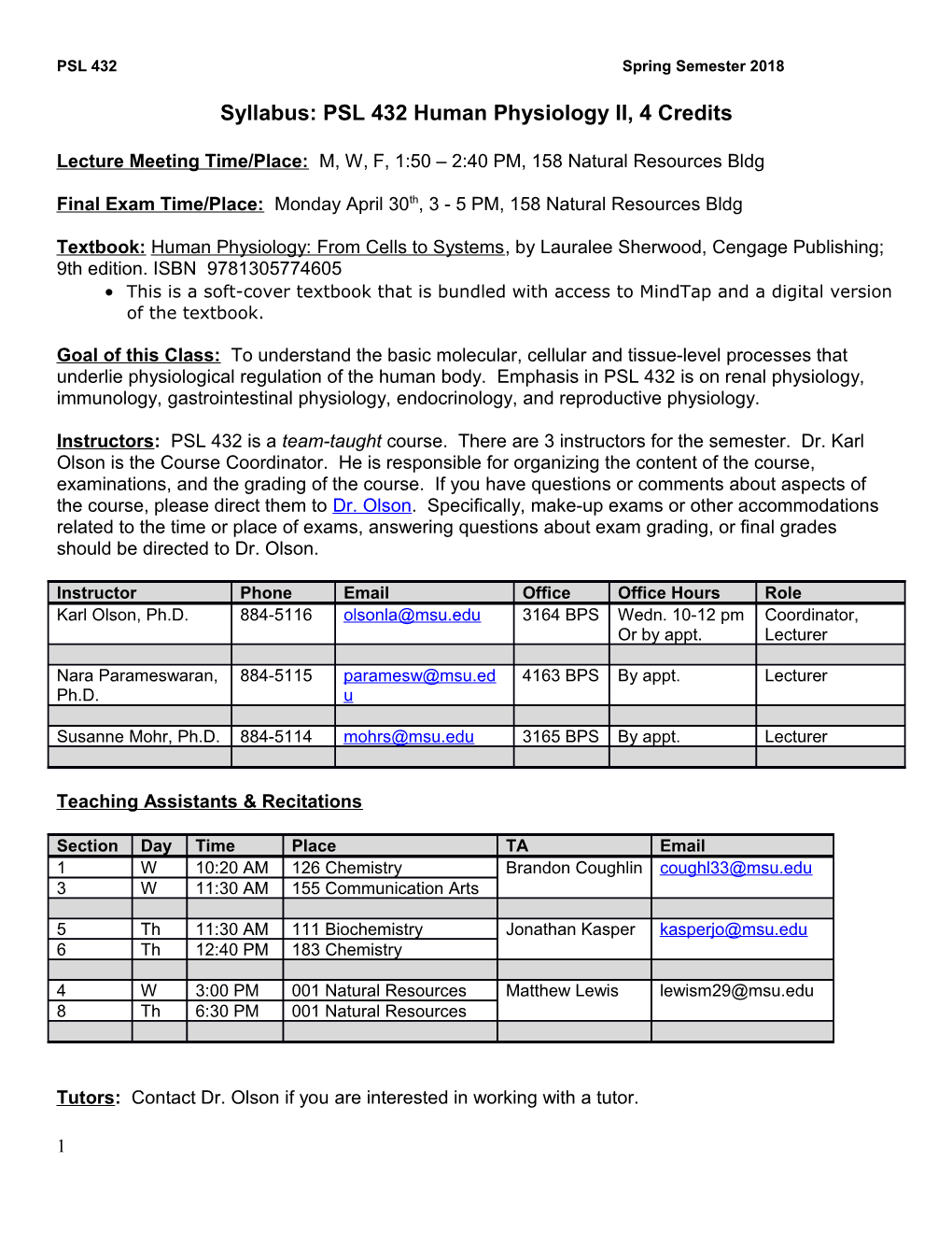 Syllabus: PSL 432 Humanphysiology II, 4 Credits