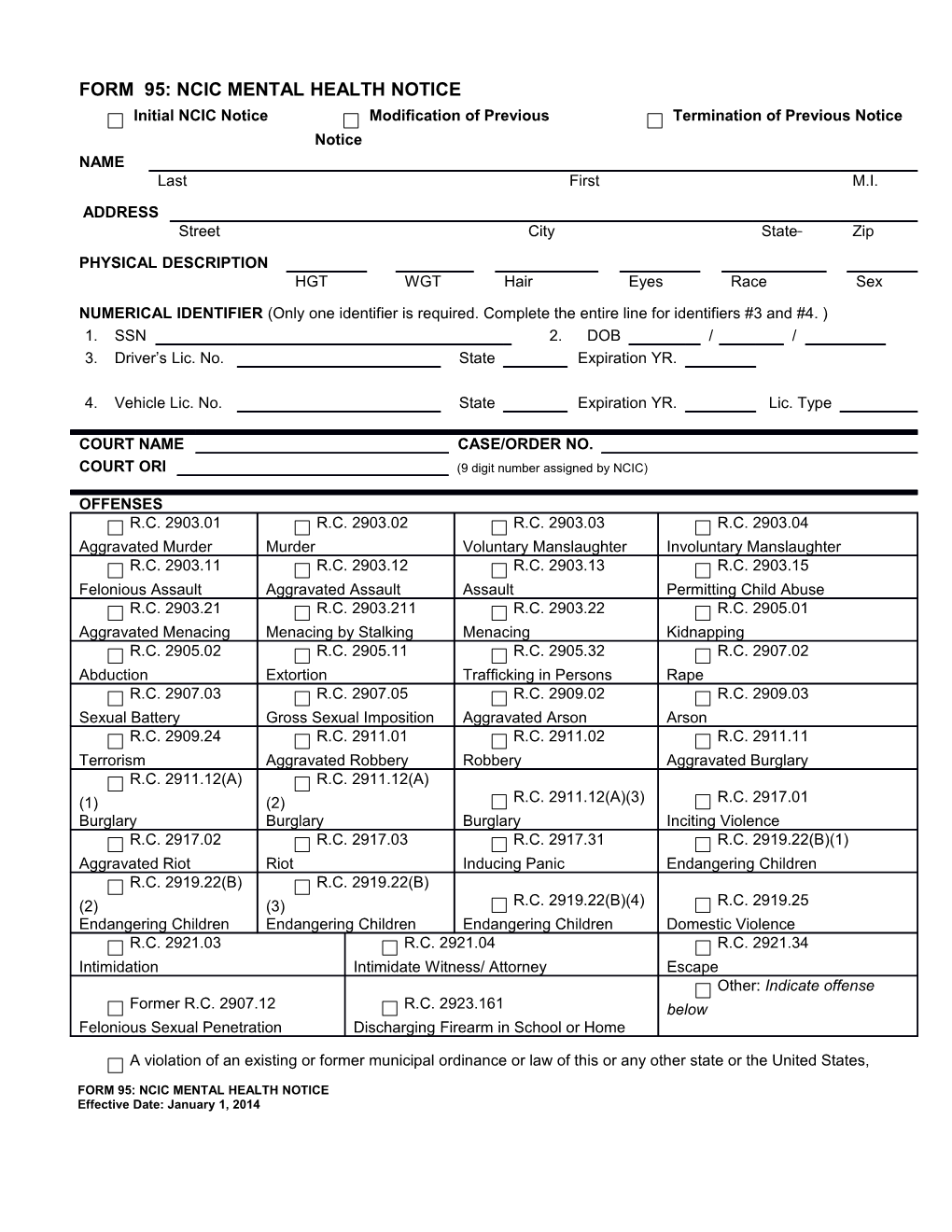 Form 95: Ncic Mental Health Notice