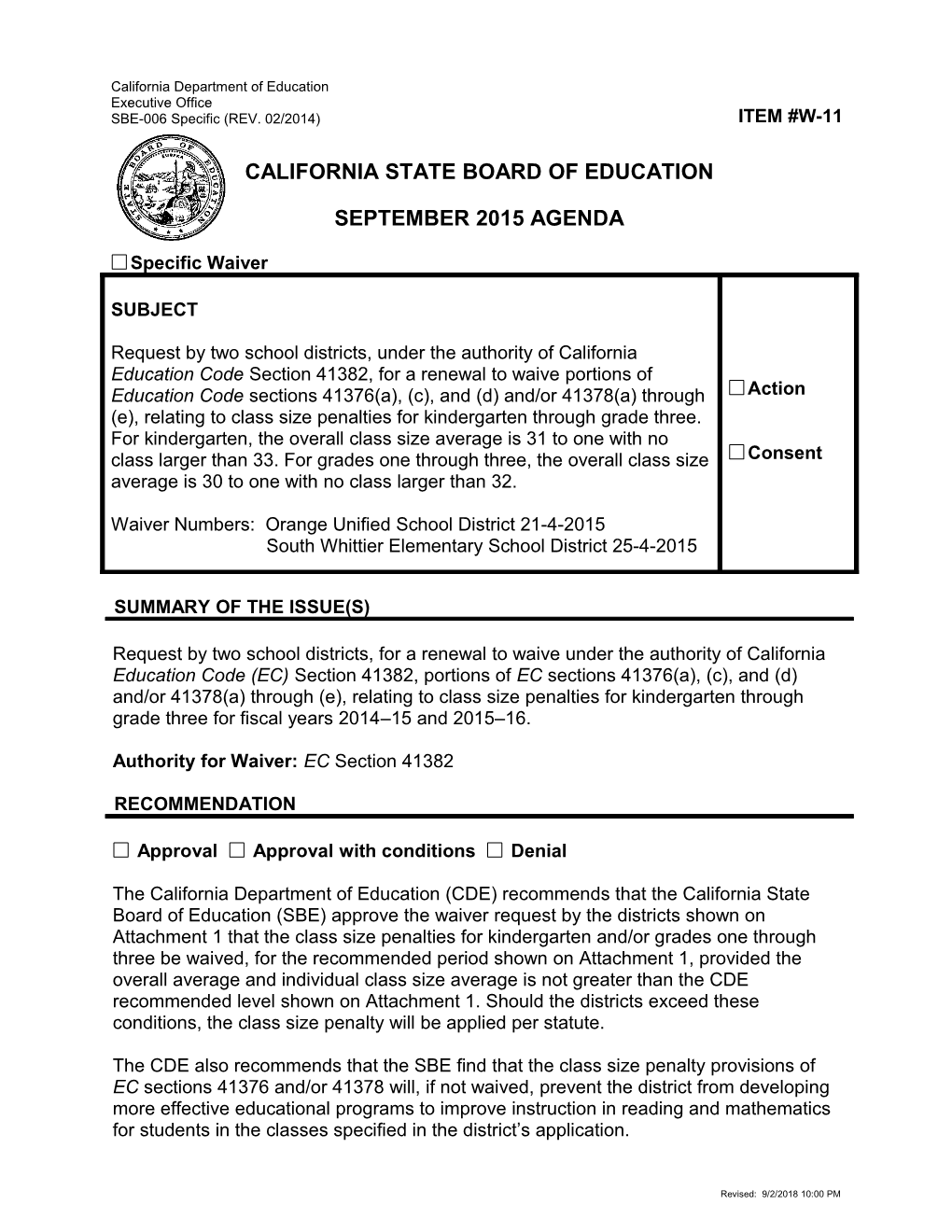 September 2015 Waiver Item W-11 - Meeting Agendas (CA State Board of Education)