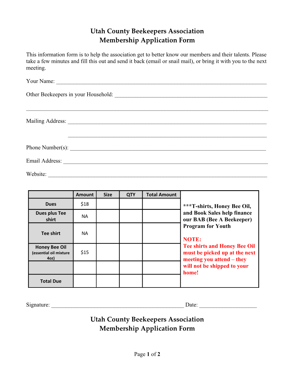 Utah County Beekeepers Association Membership Application Form