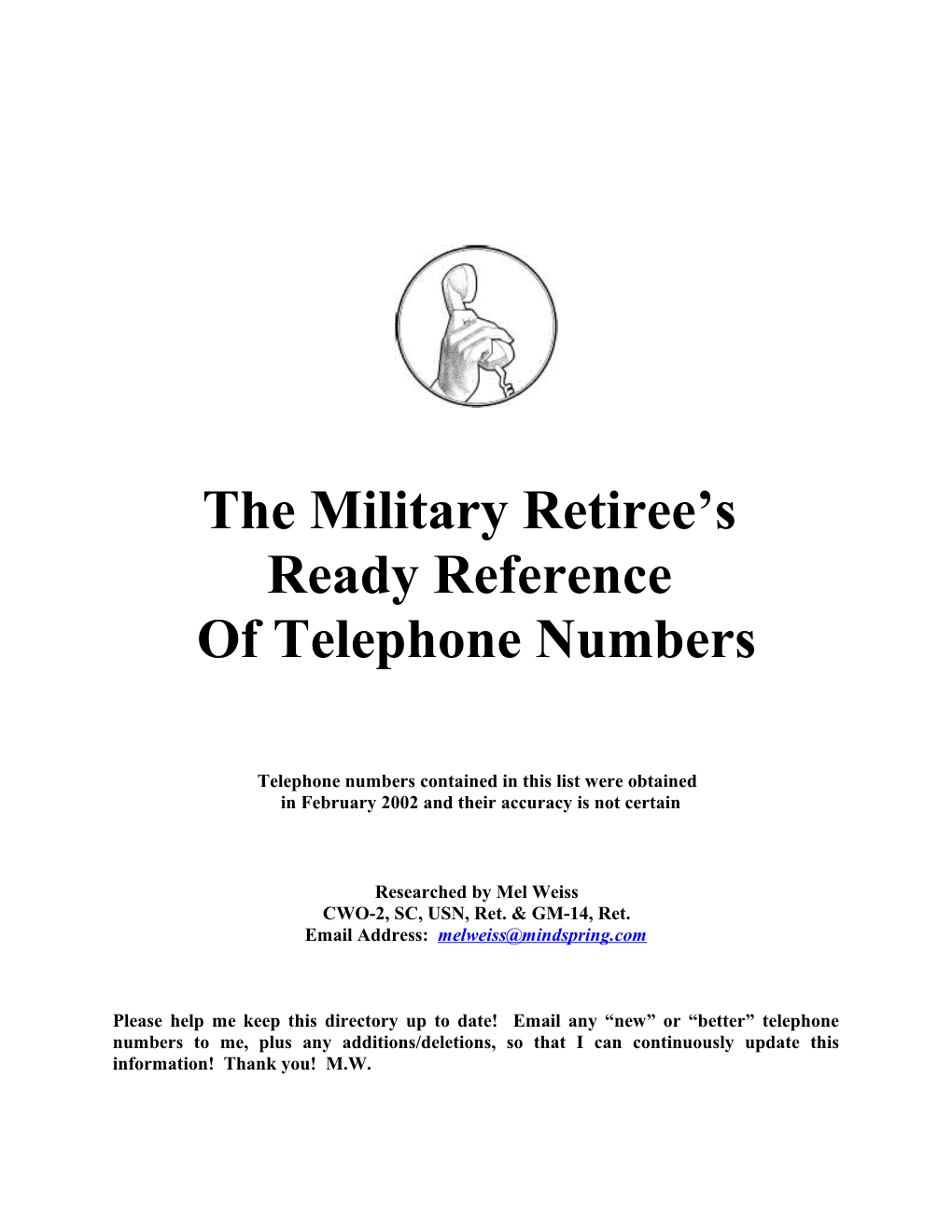 Military Retirees Ready Reference Phone Numbers