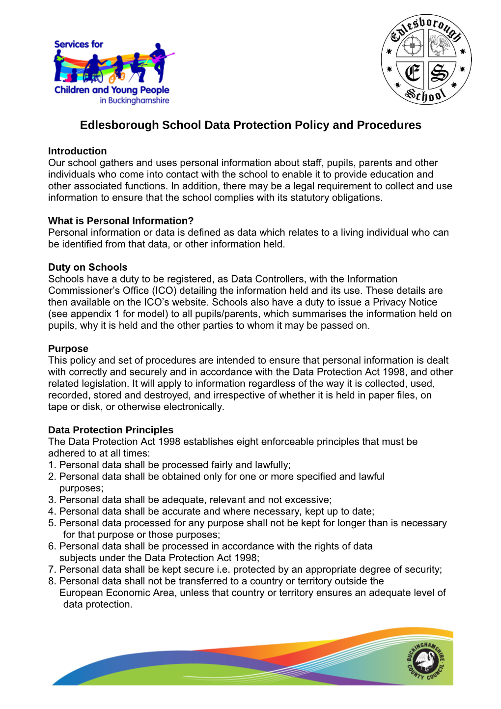 Edlesboroughschool Data Protection Policy and Procedures