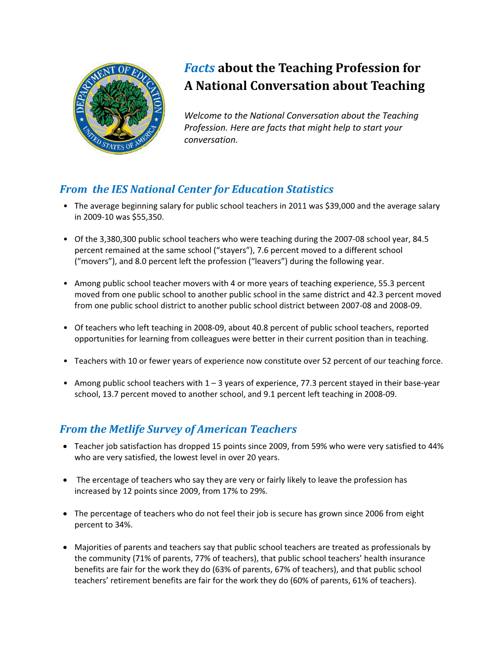 Facts About Teaching: RESPECT Project, National Conversations About the Teaching Profession