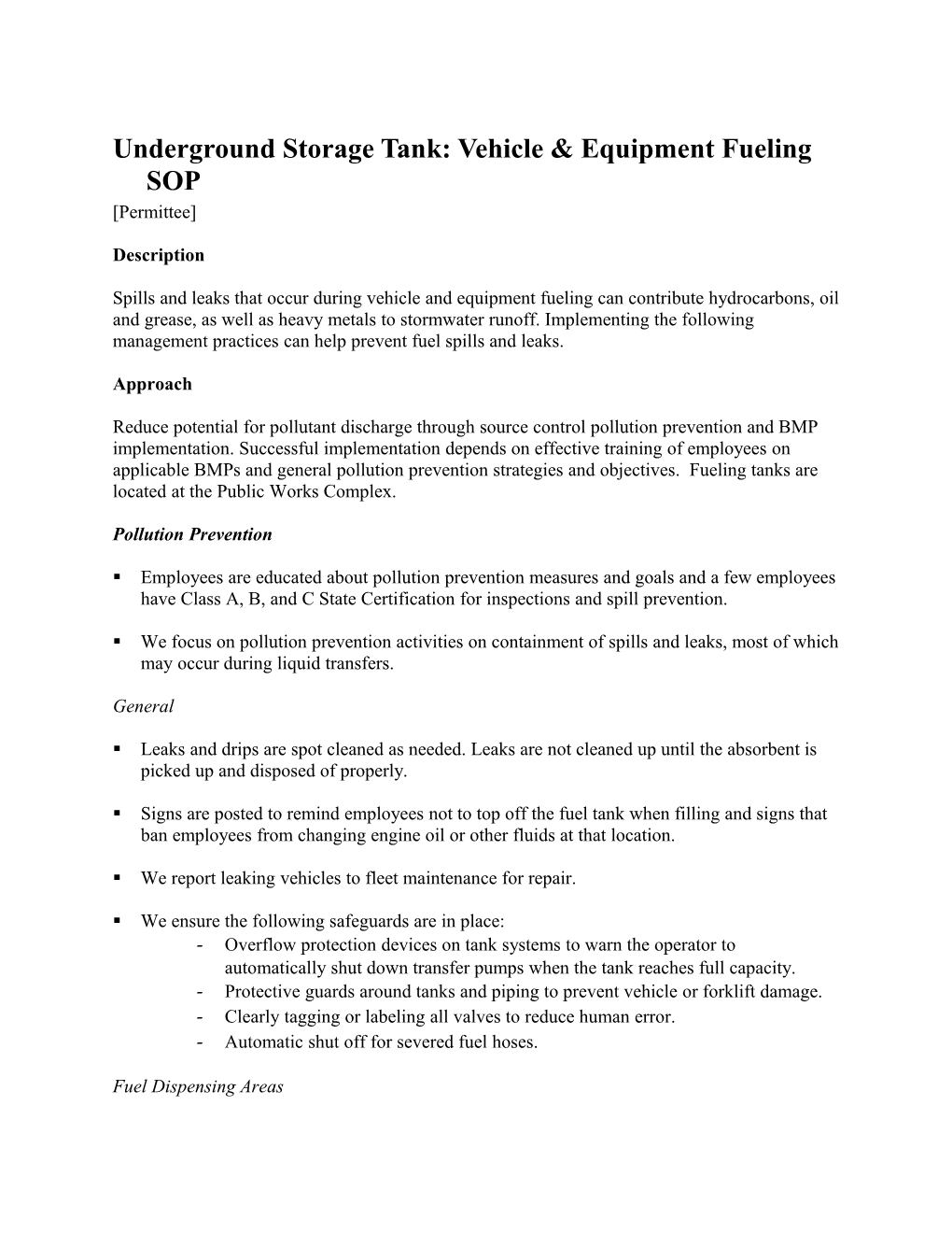 Underground Storage Tank: Vehicle & Equipment Fueling SOP
