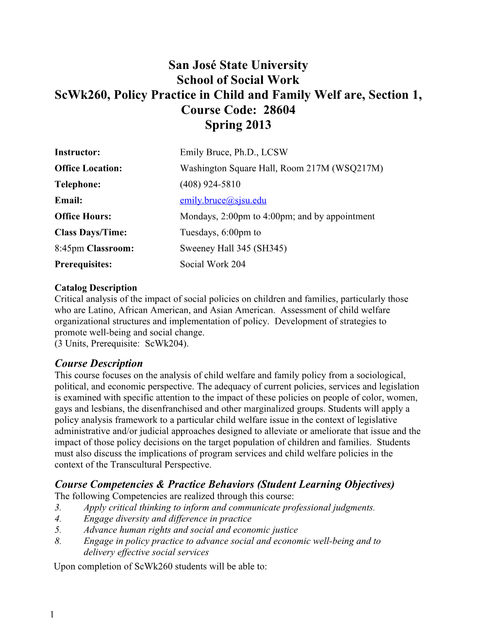 Scwk260, Policy Practice in Child and Family Welf Are, Section 1
